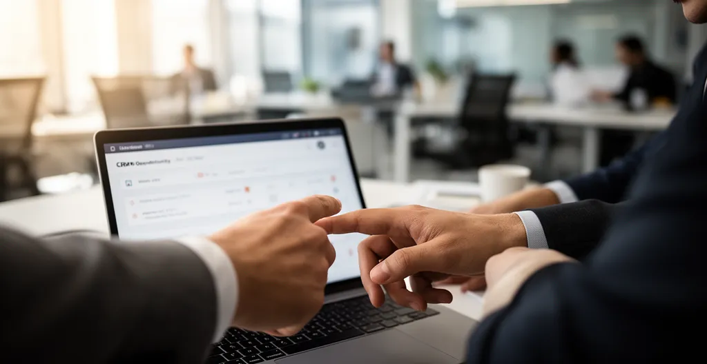 Hands pointing at CRM opportunity record showing ownership and source fields