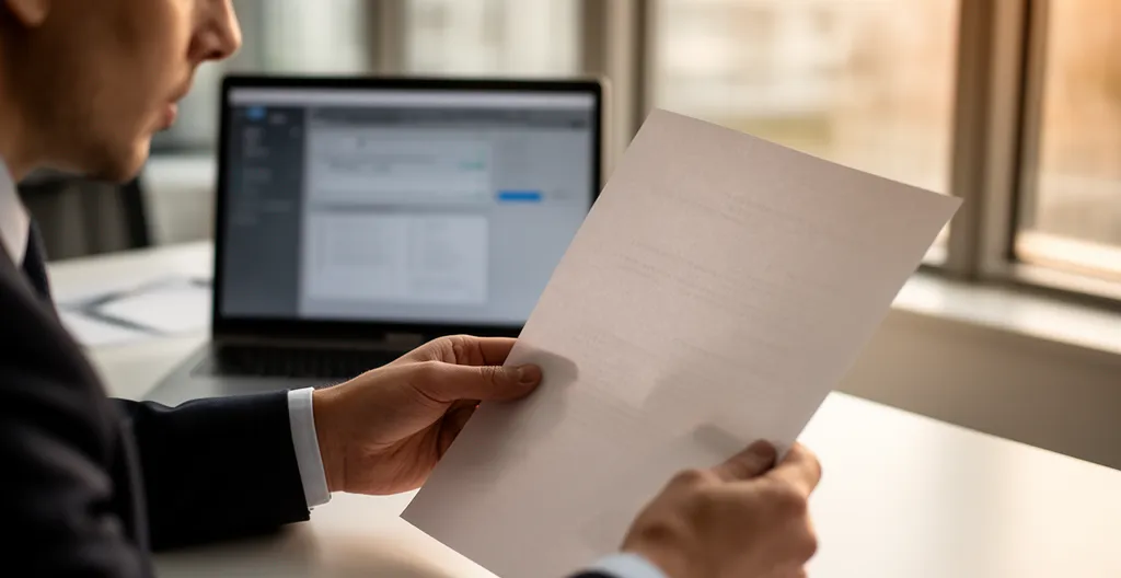 Finance professional reviewing printed commission statement with laptop open for verification
